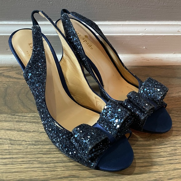 kate spade Shoes - Kate Spade"Charm" Blue Glitter‎ Slingback Bow Peep Toe Pumps Heels Size 6.5